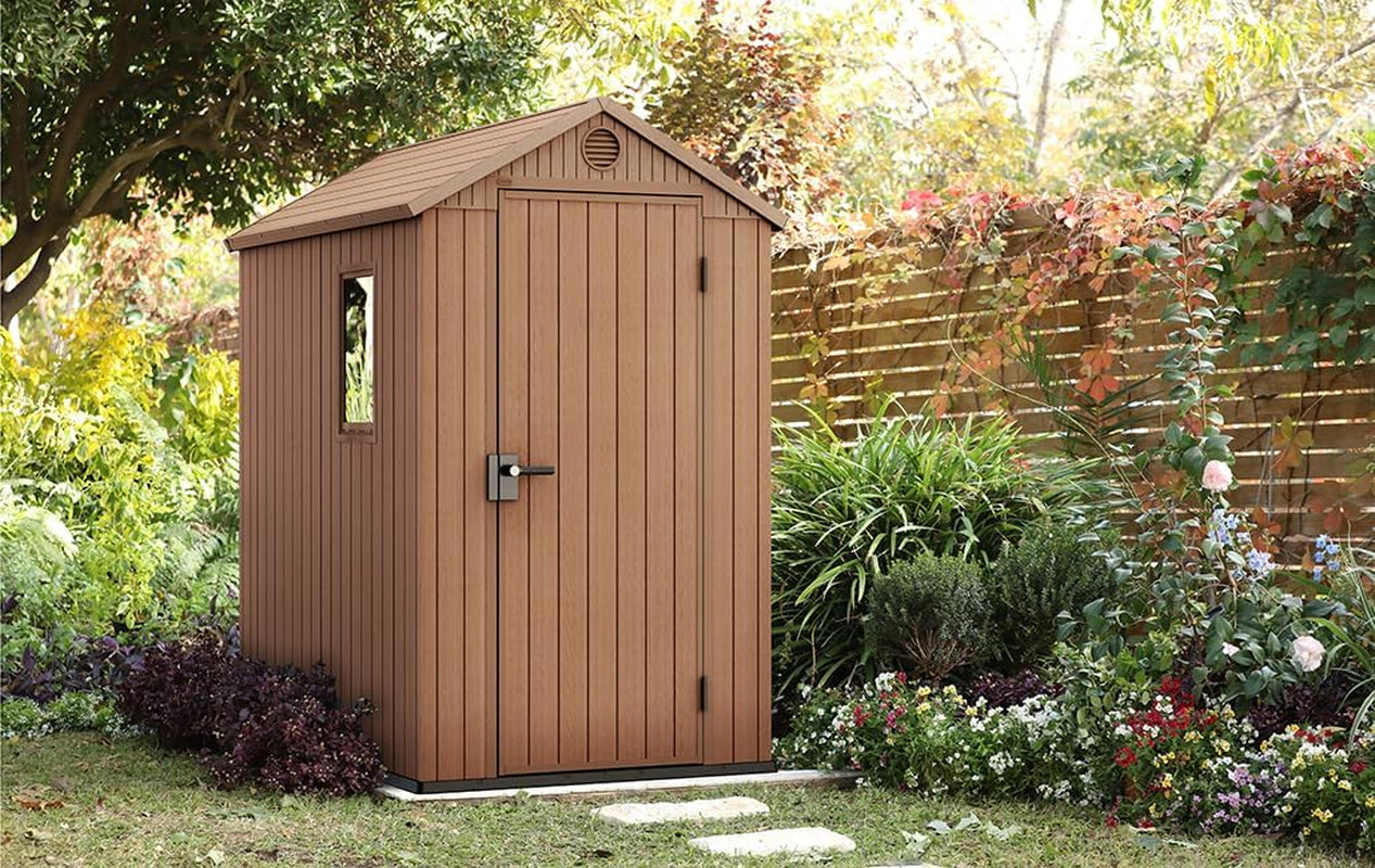 Darwin 4X6 Garden Shed with Natural Wood-Look | Evotech Composite, Weather-Resistant & Maintenance-Free | Outdoor Storage for Tools, Bbqs & Bikes | Heavy-Duty Floor & Lockable Door