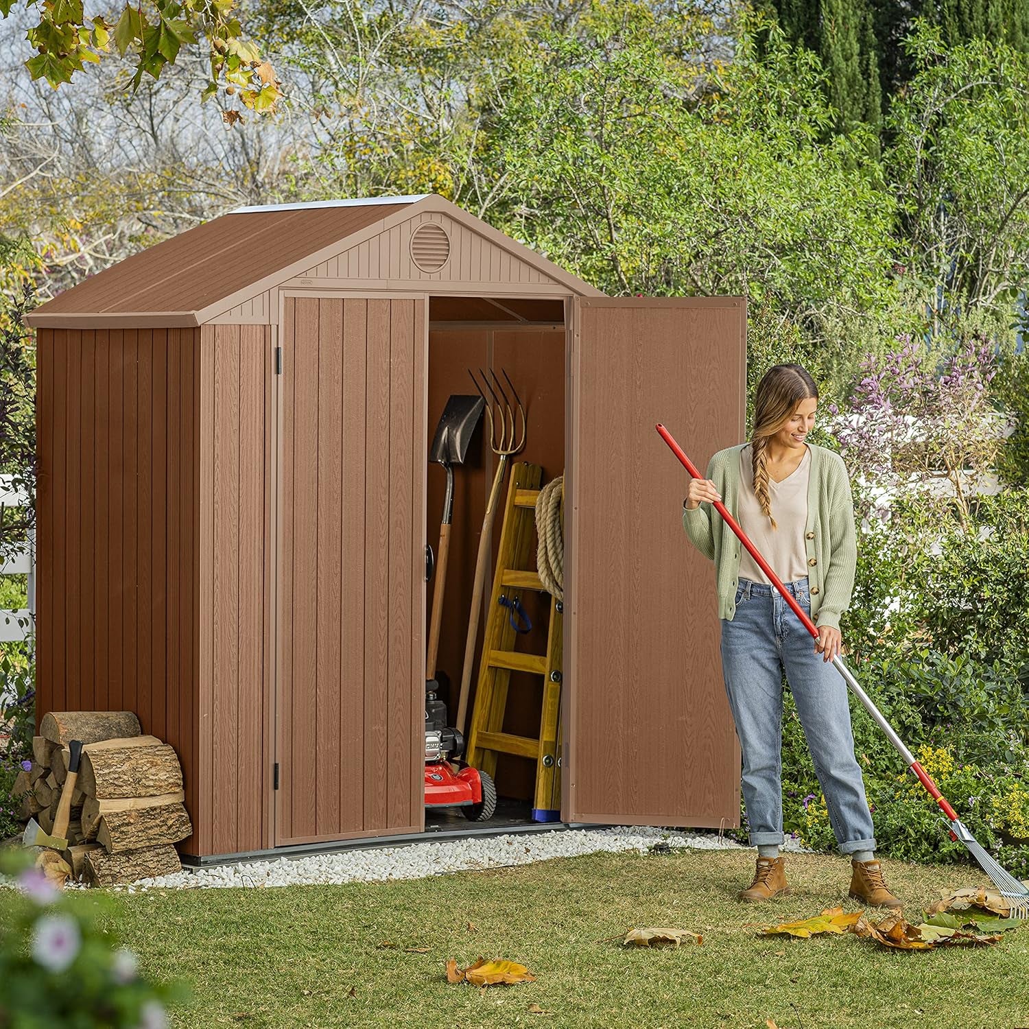 Darwin Outdoor Apex Double Door Garden Storage Shed 6 X 4Ft Brown Wood Look and Feel | Fade Free | All Weather Resistant | Safe and Secure | Zero Maintenance | 15 Year Warranty